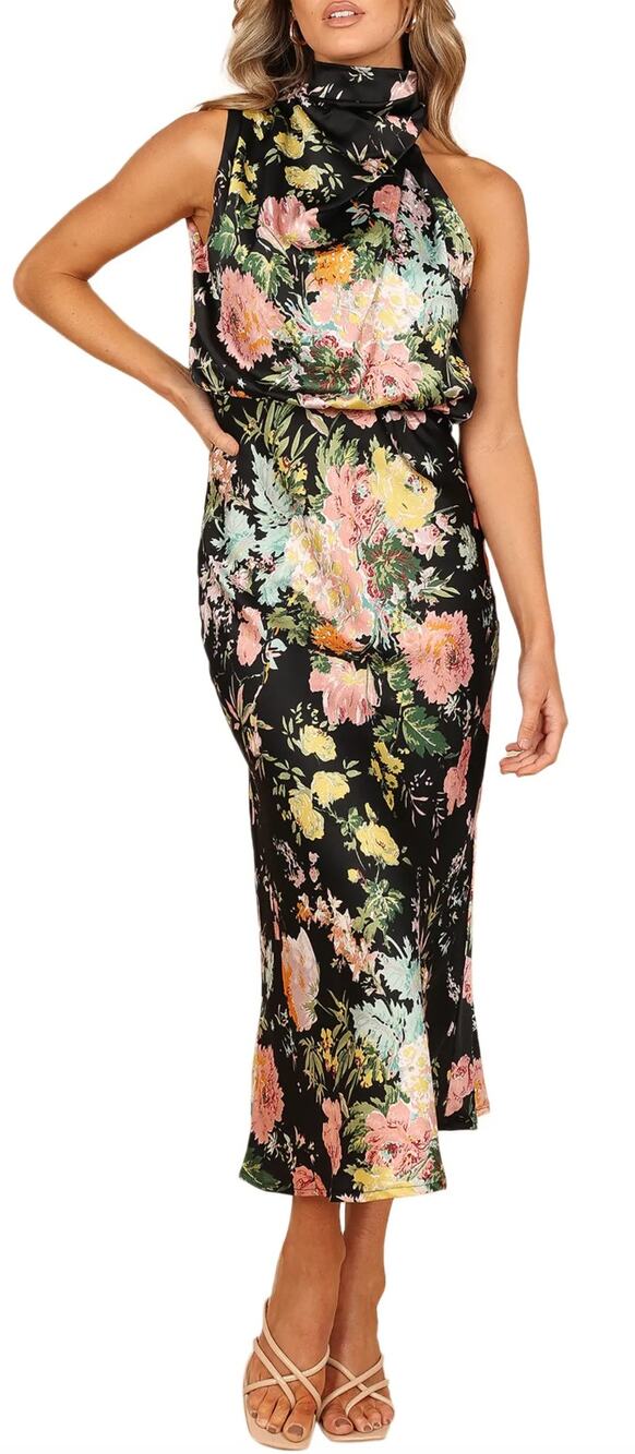PETAL + PUP Anabelle Funnel Neck Satin Midi Dress Size M